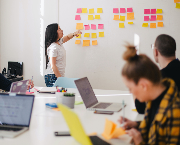 Young woman pointing at board with flowchart while group of people take notes