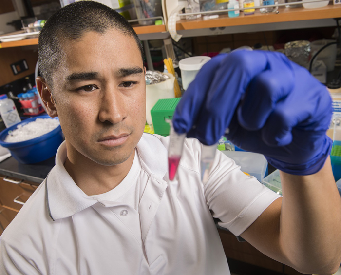 Physician scientist in lab holding up and analyzing a sample tube