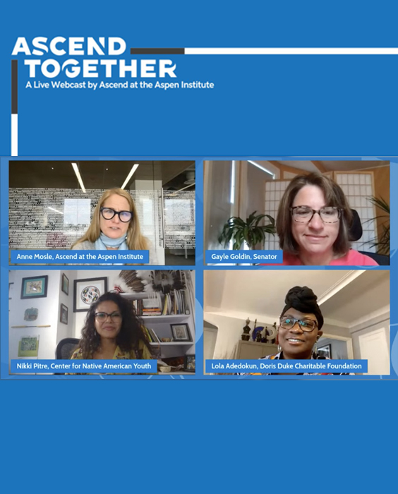 this image shows a screengrab of the four participants during the webcast having a conversation via video call. Ascend Together, a live webcast by Ascend at the Aspen Institute, reads on the top portion of the image