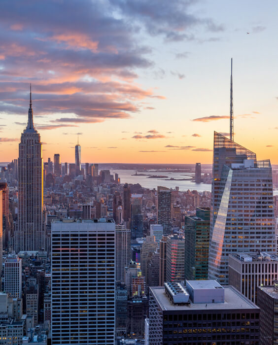 New York City skyline at sunset